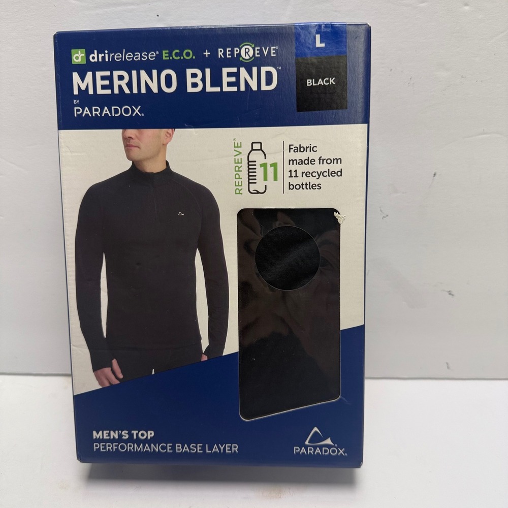 New Paradox Performance Base Layer Men Large Black Merino Blend 1/4 Zip Top